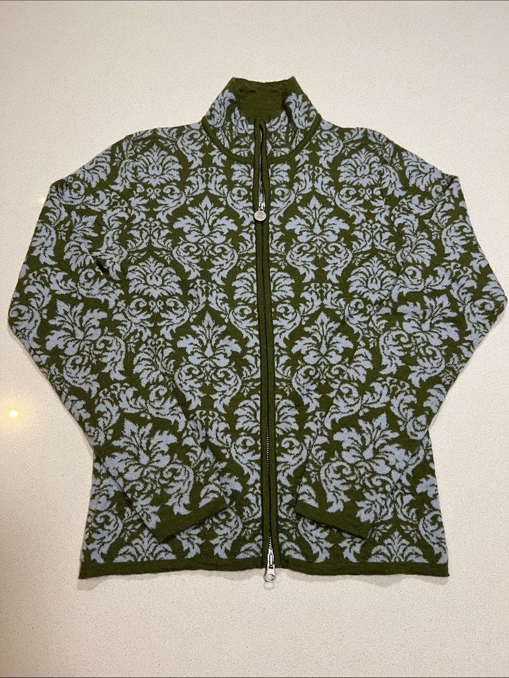 Neve 100% Wool Full Zip Sweater in light blue and green. Medium. Excellent cond.